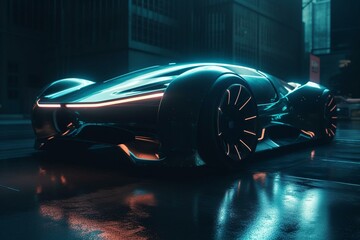 Futuristic car with sleek metallic curves and glowing lights, representing sci-fi and futurism. Generative AI