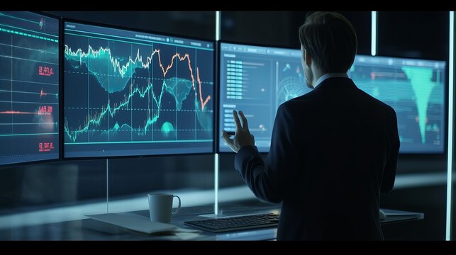Businessman analyst working with digital finance business data graph showing technology of investment strategy for perceptive financial business decision. montage of business people, Generative AI © Ameer