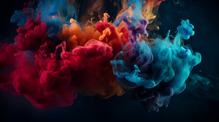 Enchanting photograph with color smoke abstracts and a defocused blue and red paint splash, accentuated with glowing vapor and floating cloud texture, creating a dreamy atmosphere.