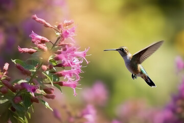 Image of hummingbird in flight feeding on flower nectar on natural background. Birds. illustration, generative AI