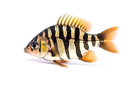 Image of siamese tigerfish on a white background. Underwater animals. Fishs. Illustration. Generative AI.