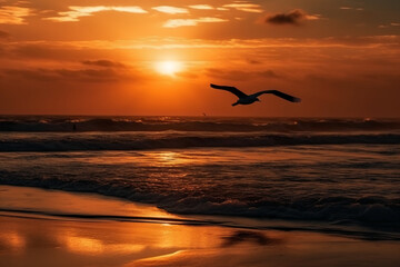 Fototapeta na wymiar A flying seagull silhouette in sunset sky and beach. AI generative