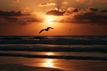 A flying seagull silhouette in sunset sky and beach. AI generative