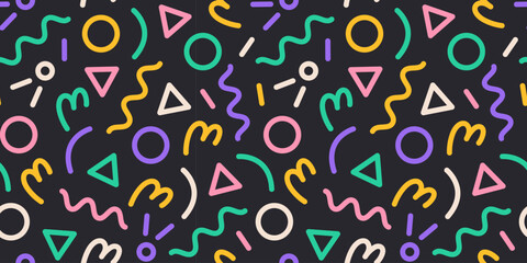 Fun colorful line doodle seamless pattern. Creative minimalist style art background for children or trendy design with basic shapes. Simple party confetti texture, childish scribble Generative AI