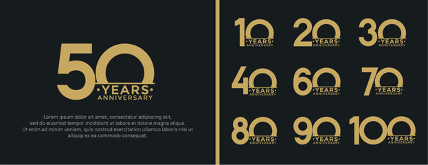set of anniversary logo style flat gold color on black background for special moment