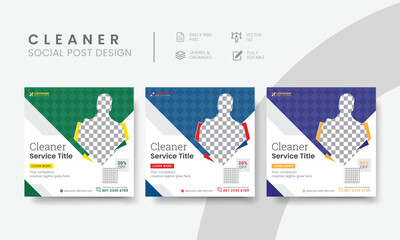 Premium cleaning service social media post template for business marketing. Modern cleaning service social media layout design for square web banner & flyer. Vol - 5