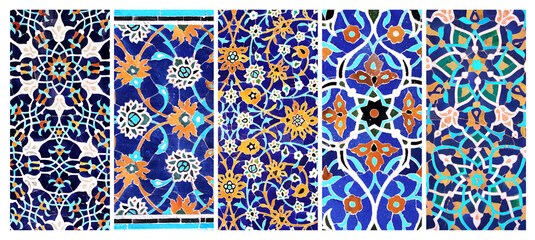 Set of vertical or horizontal banners with detail of ancient mosaic walls with floral and geometric ornaments