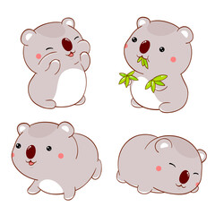 Set of cute fat cartoon koalas in kawaii style. Collection of lovely koala baby in different poses. Funny koalas -  eating eucalyptus leaves, sitting, sleeping. Vector illustration EPS8