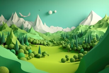 3d illustration of fantasy landscape with trees and lake in the mountains, paper cut style, generative Ai