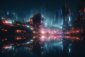 A futuristic city with neon lights and water reflection rendered in 3D. Generative AI