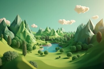 3d illustration of fantasy landscape with trees and lake in the mountains, paper cut style, generative Ai