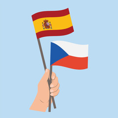 Flags of Spain and Czech Republic, Hand Holding flags