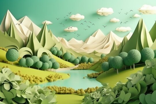 3d illustration of fantasy landscape with trees and lake in the mountains, paper cut style, generative Ai