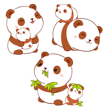 Set of cute fat panda kawaii style. Collection of lovely mom and baby pandas in different poses. Can be used for t-shirt print, stickers, greeting card design. Vector illustration EPS8