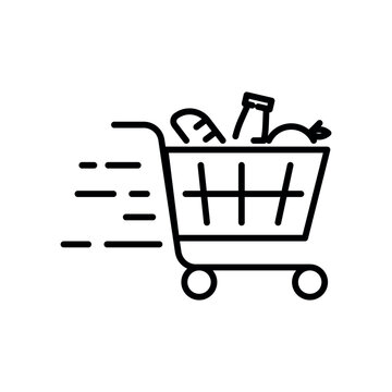 Shopping cart line icon. Simple outline style. Food and fruit full product cart, supermarket, basket checkout concept. Vector illustration isolated on white background. EPS 10.