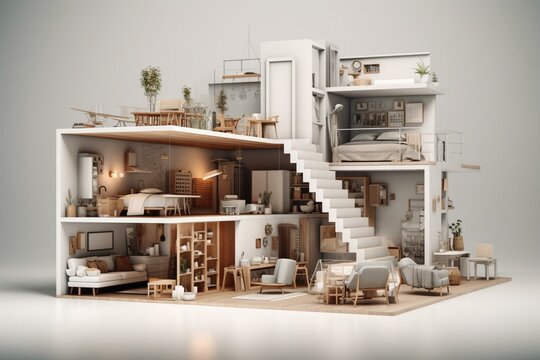 Cut home with furnishings on white. 3D render. Generative AI