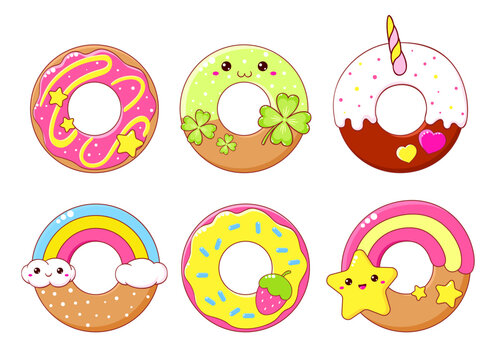 Set of cute magic donuts in kawaii style. Collection of donut with fairy tale decorations. Can be used for t-shirt print, stickers, greeting card design. Vector illustration EPS8