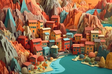 Obraz premium Colourful 3D rendering of a Paper cut style town in the middle of the desert, generative Ai