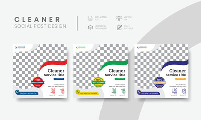 Premium cleaning service social media post template for business marketing. Modern cleaning service social media layout design for square web banner & flyer. Vol - 7