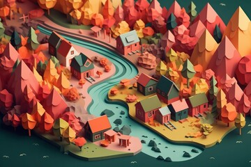 Colourful 3D rendering of a Paper cut style town in the middle of the desert, generative Ai