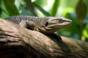 Fototapeta premium Monitor lizard crawling on a tree branc