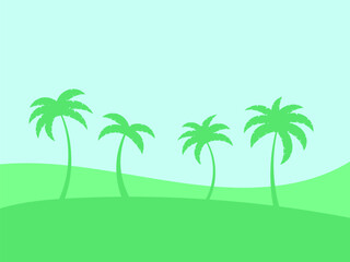 Fototapeta na wymiar Tropical landscape with green palm trees. Silhouettes of palm trees on green meadows. Summer time. Design of advertising booklets, banners, posters and travel agencies. Vector illustration