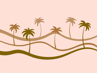 Fototapeta na wymiar Line landscape outline with palm trees. Landscape painted with stripes in retro style. Contour of the landscape with palm trees. Design for print decor, postcard, book cover. Vector illustration