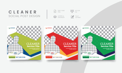 Premium cleaning service social media post template for business marketing. Modern cleaning service social media layout design for square web banner & flyer. Vol - 10