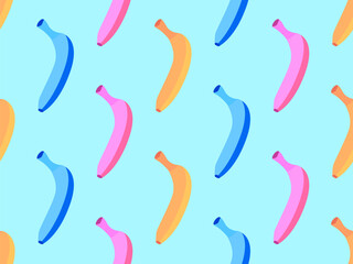 Seamless pattern with colorful bananas on a blue background. Exotic sweet bananas in 80s style. Design for posters, wrapping paper and wallpapers. Vector illustration