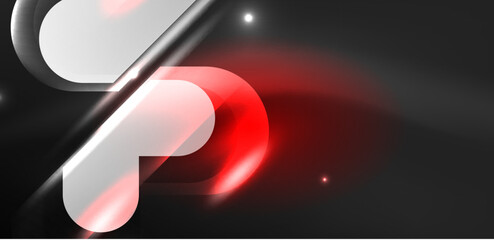 Neon glowing geometric shapes vector abstract background. Round elements, light effects and glass glossy style with color backdrop. Space cosmic or magic energy wallpaper