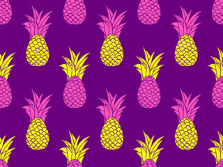 Pineapple seamless pattern. Summer fruit pattern. Pineapple fruit on violet background. Tropical design for T-shirts, prints on paper and fabric. Vector illustration