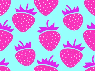 Fotobehang Seamless pattern with pink strawberries on a blue background. Red strawberries with seeds. Strawberry sweet berries. Design for posters, wrapping paper and wallpapers. Vector illustration © andyvi