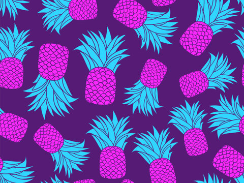 Pineapple seamless pattern. Purple pineapples 80s style. Summer fruit background for T-shirts, prints on paper and fabric. Vector illustration
