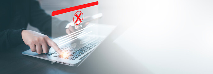 Error Online payment with digital marketing, Smartphone with banking online bill payment Approved concept button, credit card and network connection icon , technology virtual screen background