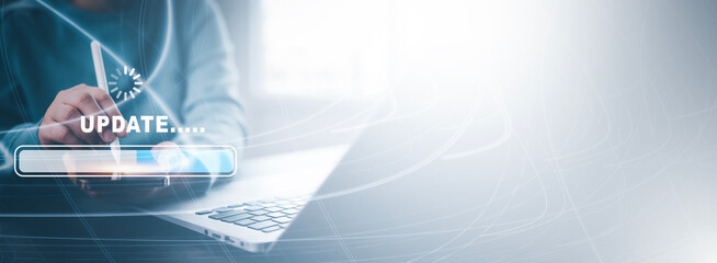 Man using laptop with Update Software Computer Program Upgrade Business Technology Internet, Update...