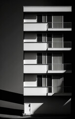 Black and white image of the lit balconies on an apartment block at night time. Generative AI.