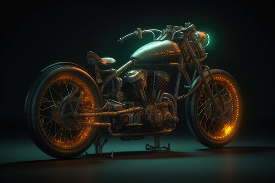 Steampunk, Motorcycle, Neon Lights, Bike, Transport, Wheels, Black, Vehicle, Engine, Made by AI, AI generated, Artificial intelligence	
