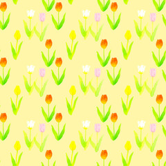 チューリップのシームレスパターン　春の手描き水彩イラスト花柄