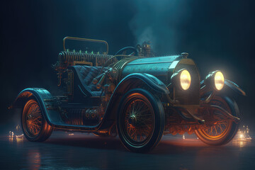 Steampunk, Car, Neon Lights, Bike, Transport, Wheels, Black, Vehicle, Engine, Made by AI, AI generated, Artificial intelligence	
