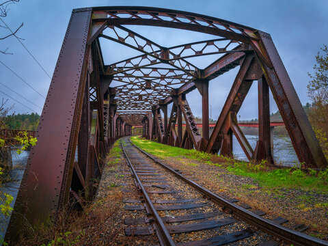 Railroad Bridge in rain at Hooksett over the Merrimack River near Lebanon, New Hampshire, USA