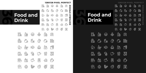 Food and drink pixel perfect linear icons set for dark, light mode. Grocery store. Supermarket product categories. Thin line symbols for night, day theme. Isolated illustrations. Editable stroke