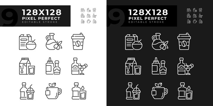 Grocery shopping pixel perfect linear icons set for dark, light mode. Food retail. Eats and beverages. Thin line symbols for night, day theme. Isolated illustrations. Editable stroke