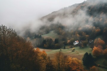 Fototapeta na wymiar Bosnian autumn landscape obscured by mist. Generative AI