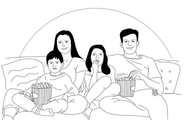 Vector composition drawn lines, family holiday mom dad and two children sitting on the couch and watching TV with an illustration of popcorn