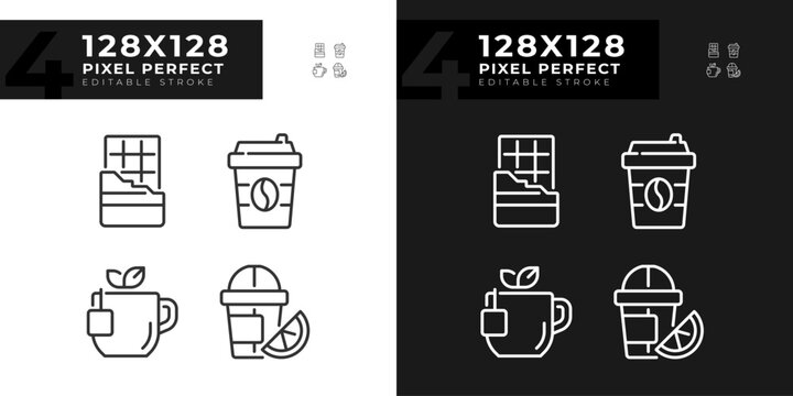 Drinks and desserts pixel perfect linear icons set for dark, light mode. Cafe menu. Coffee shop. Beverage aisle. Thin line symbols for night, day theme. Isolated illustrations. Editable stroke