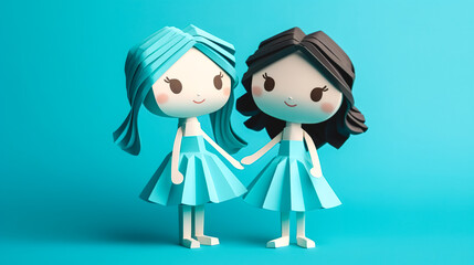 Obraz na płótnie Canvas Two girls made of paper on a blue background, generative AI. Generative AI