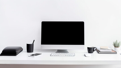 A modern workplace with blank computer monitor coffee cup on white table. Mock up. generative ai.