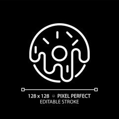 Pastry pixel perfect white linear icon for dark theme. Tasty donut. Bakery cafe. Baked goods. Delicious confectionery. Thin line illustration. Isolated symbol for night mode. Editable stroke