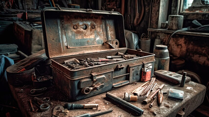 Old toolbox with various tools. Selective focus. Toned. generative ai.