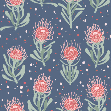 Seamless pattern with hand drawn protea flowers